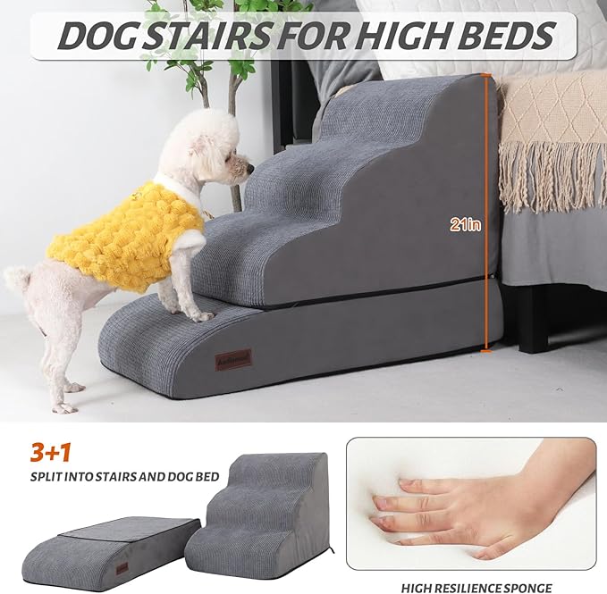 Aodisman 4-Step Dog Stairs and Ramp for Beds or Couches – Non-Slip Sturdy Pet Steps for Small Dogs and Cats,21" H,Grey