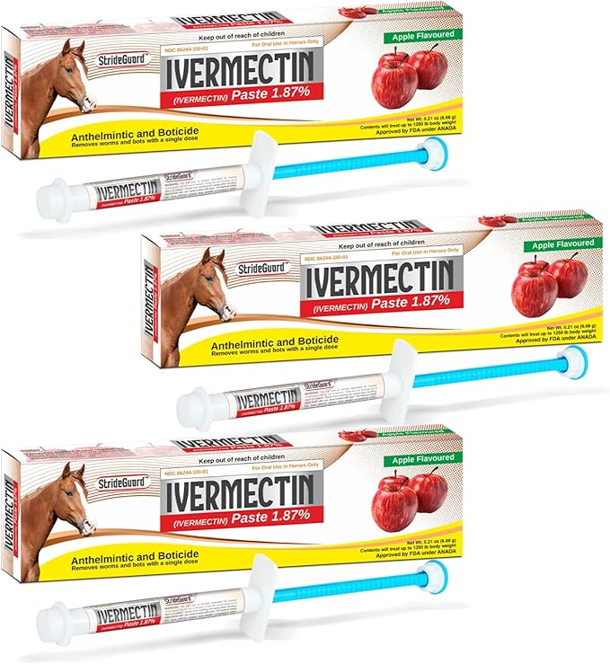 Ivermectin Horse Paste 1.87% – Apple Flavored Oral Horse Dewormer Syringe – 6.08g Tube Treats Horses Up to 1250 LB [Pack-3]