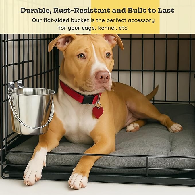 4 Quart Stainless Steel Flat Sided Bucket with Dual Hooks | 1 gal Durable Food & Water Bowl for XL Dogs, Cats, Goat & Livestock | Fits kennel Cage Critter Crate | Hanging Utility Pet Pail