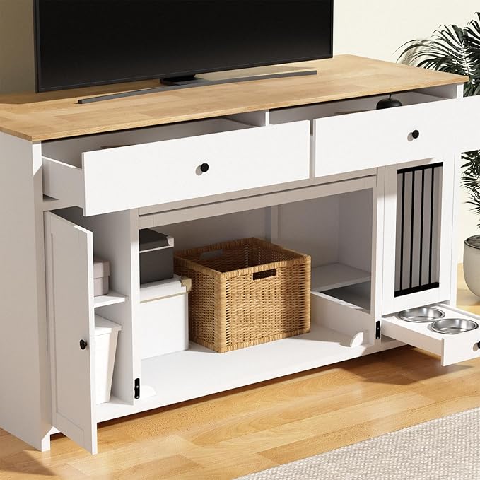 63" Dog Crate Furniture with 2 Drawers & Cabinets, Heavy Duty Wooden Dog Kennel TV Stand for Medium/Large Dogs, Dog Kennel Indoor Dog Cage with Storage, Decorative Pet Crate Sideboard, White