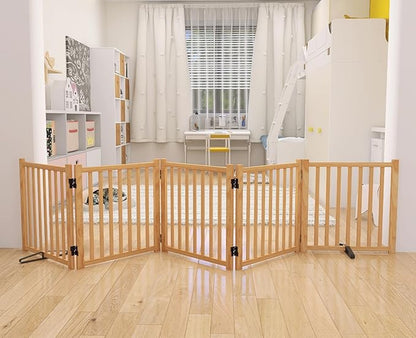 YOCAN Paint-Free Wooden Freestanding Dog Gates for The House, Doorways, Stairs,Wood Pet Fences Indoor Pet Gate,Step Over Fence-5 Panels L:115" H:23"