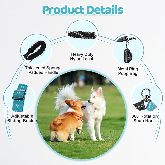 Double Dog Leash - 360°Swivel Tangle Free Splitter Attachment, 1 Rope with Handle, 2 Dogs Multi-Functional Leash, for Outdoor Walk Train Small Medium Large Two Pet, Lake Blue