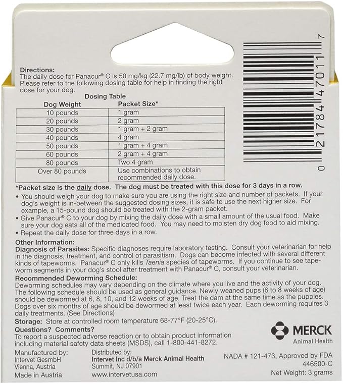 Panacur C Canine Dewormer (Fenbendazole), 1 Gram, Yellow, 3 Count (Pack of 1)