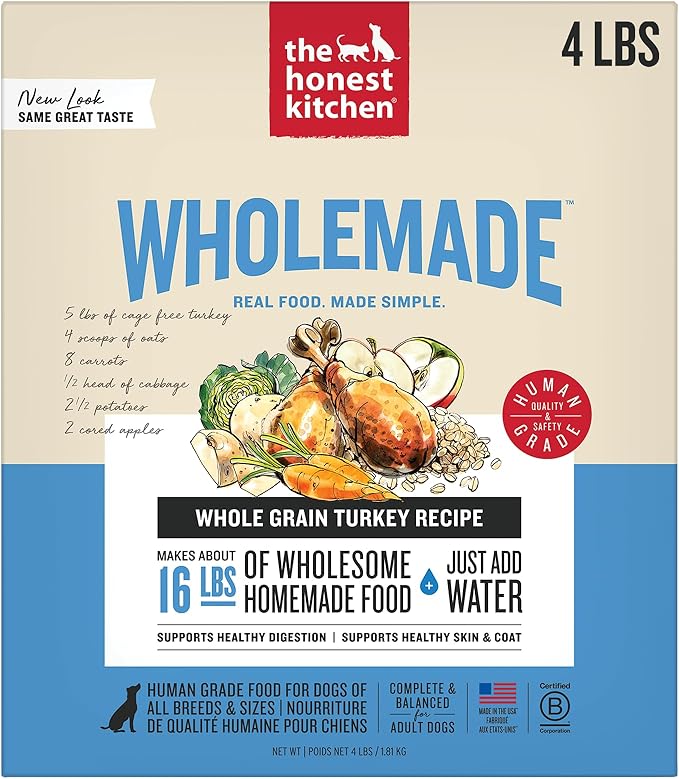 The Honest Kitchen Human Grade Wholemade™ Dehydrated Dog Food, Whole Grain Turkey Dog Food, 4 lb (Makes 16lbs)