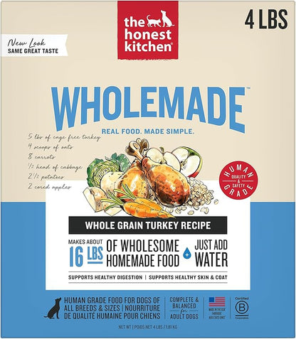 The Honest Kitchen Human Grade Wholemade™ Dehydrated Dog Food, Whole Grain Turkey Dog Food, 4 lb (Makes 16lbs)