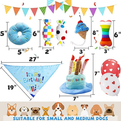 lilfrd Dog Birthday Toy Set, 9Pcs Plush Pet Toy for Small Dogs, Includes Squeaky Cake Hat, Bandana, Dessert Themed Toys, Balloons, for Dog Birthday Party