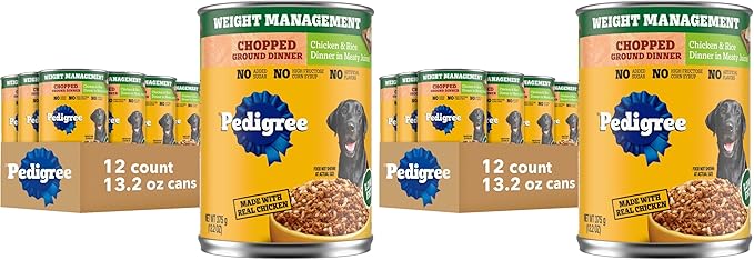 Pedigree Chopped Ground Dinner Weight Management Wet Dog Food,Canned Dog Food Chicken & Rice Dinner in Meaty Juices,13.2 oz. Cans,12 Count (Pack of 2)