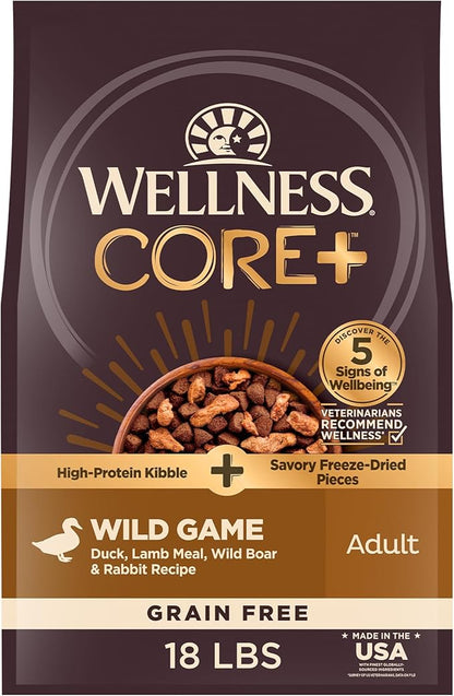 Wellness CORE+ Adult Dry Dog Food with Freeze Dried Pieces, Grain Free Kibble+, Natural, High Protein, Wild Game Duck, Lamb, Boar, and Rabbit Recipe, 18 lb Bag