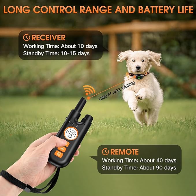 Dog Shock Collar for Dogs, Dog Training Collar with Remote Control Range 1300Ft, 3 Training Modes, Beep, Vibration, Shock, IPX7 Waterproof Rechargeable Electric Shock Collar