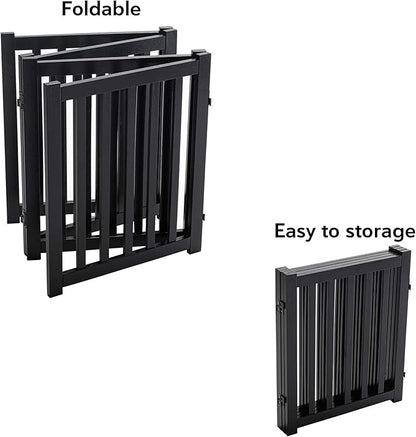 LZRS 4-Panel Wooden Free Standing Foldable Dog Gate Indoor – 24" High, Extra Wide Step-Over Safety Pet Gate for Doorways, Stairs, Hallways, Large Spaces & Playpen for Puppies Indoor Use, Black