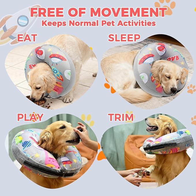 PAWCHIE Inflatable Dog Cone Collar Alternative, Soft Dog Cone for Medium to Large Dogs After Surgery, Adjustable Neck Recovery E-Collars Donut Collar with Cute Dinosaur Prints, Grey L