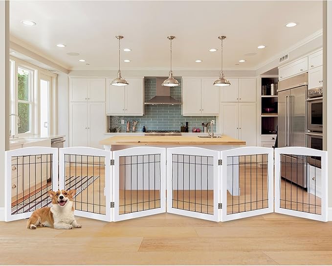 LZRS 6-Panel Extra Wide Wooden Freestanding Dog Gate: Foldable Solid Wood and Steel Wire Chew Resistant Safety Barrier for Doorways, Stairs, and Open Long Spaces Indoor Use, White