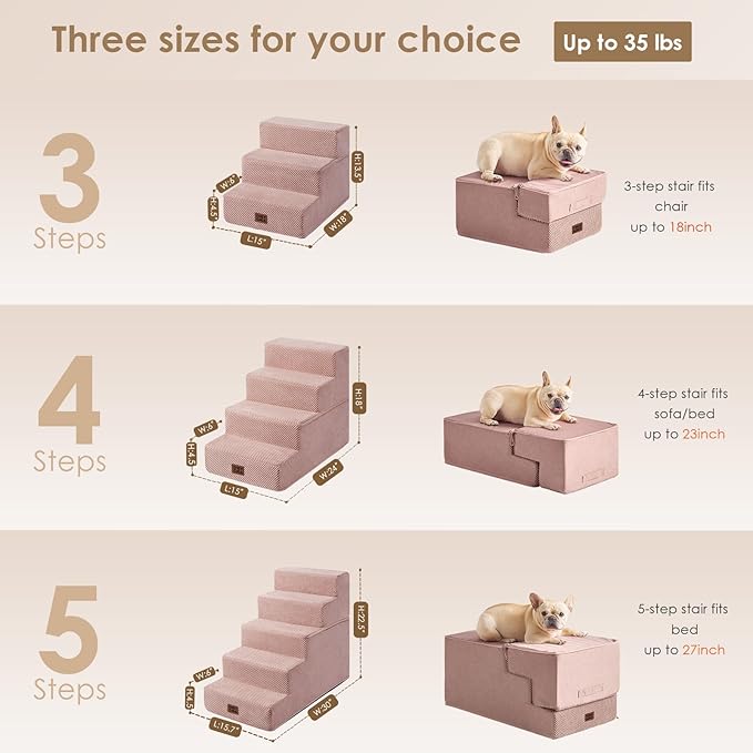 EHEYCIGA Dog Stairs for Bed 25" H, 5-Step Extra Wide Dog Steps for High Bed, Pet Steps for Small Dogs and Cats, Non-Slip Balanced Pet Ramp Indoor, Pink