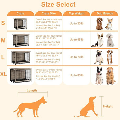 Vongrasig Dog Crate Furniture, Side End Table, Modern Wooden Kennel for Dogs Indoor, Heavy-Duty Dog Cage with Multi-Purpose Removable Tray, Double-Door Dog House, Grey