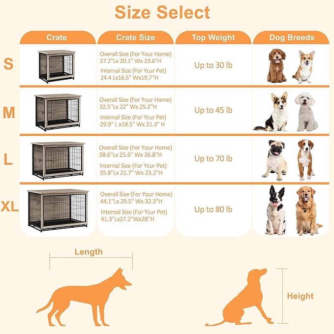 Vongrasig Dog Crate Furniture, Side End Table, Modern Wooden Kennel for Dogs Indoor, Heavy-Duty Dog Cage with Multi-Purpose Removable Tray, Double-Door Dog House, Grey