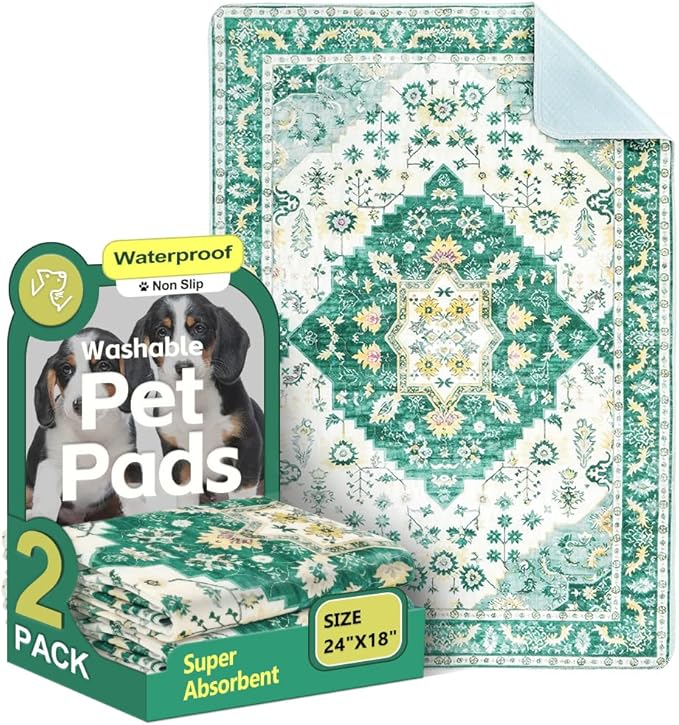 Washable Pee Pads for Dogs 2 Pack Reusable Puppy Training Pads 24"x18" Super Absorbent Waterproof Dog Training Pads, Non-Slip Potty Pads Whelping Pads Litter Mat Pet Supplies - Green Medallion