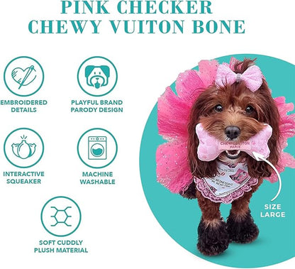 Haute Diggity Dog Chewy Vuiton Bone Plush Squeaky Dog Toy, Soft Durable Designer-Inspired Stuffed Puppy Chew Toys for Small, Medium & Large Dogs, Machine-Washable (Pink Checker) XL