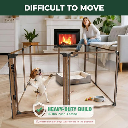 FXW AuraSpace Pro Acrylic Indoor Dog Playpen, Heavy-Duty with Metal Frame, 32" Height 8 Panels for Small and Medium Dogs, Walnut│Patented