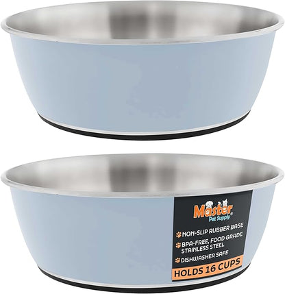 Master Pet Supply Stainless Steel Dog Bowls Set of 2 (128 Oz Each) with Non-Slip Rubber Base - Glacier Blue - Basic Dog Food Bowl Water & Food Bowls for Small Medium Large Dogs & Cats, Metal Dish