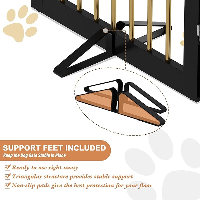 PUPETPO Freestanding Pet Gate for Dogs, Foldable Wooden Dog Gate for House, Indoor Dog Gate for Stairs, Doorways, Step Over Pet Puppy Safety Fence, 80 Inch Wide, 4 Panels 24", Black & Gold