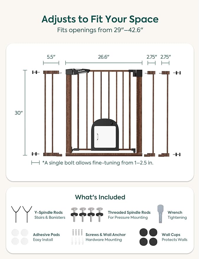 Babelio CatPrivilege Ⅲ Baby Gate with Cat Door, 29"-43" Adjustable Black Wood Pattern Pet Door, 30" Tall Pressure Mounted Safety Gate for Stairs & Doorways, Auto Close,Wall Protectors Included