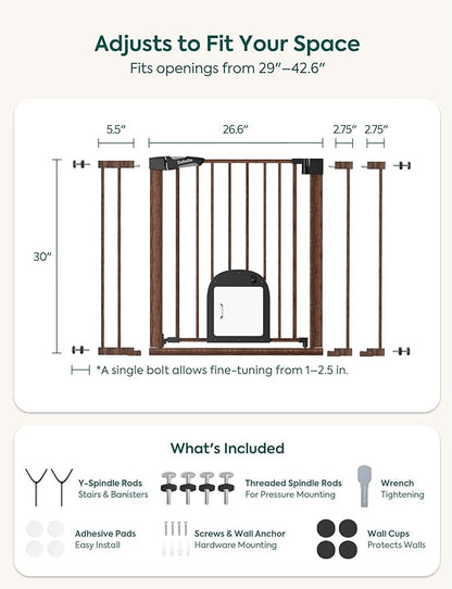 Babelio CatPrivilege Ⅲ Baby Gate with Cat Door, 29"-43" Adjustable Black Wood Pattern Pet Door, 30" Tall Pressure Mounted Safety Gate for Stairs & Doorways, Auto Close,Wall Protectors Included