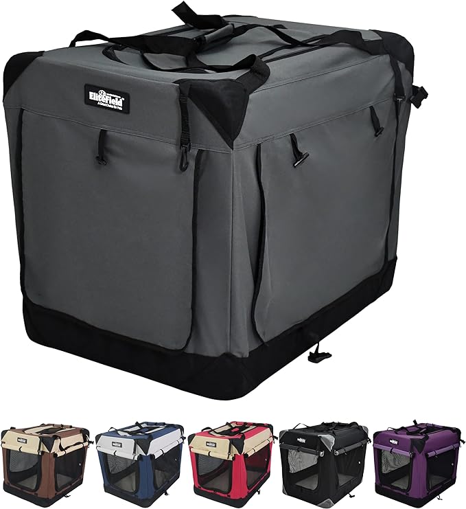 EliteField 4-Door Folding Soft Dog Crate with Curtains, Carrying Bag and Fleece Bed (2 Year Warranty), Indoor & Outdoor Pet Home (30" L x 21" W x 24" H, Gray+4 Door Curtains)