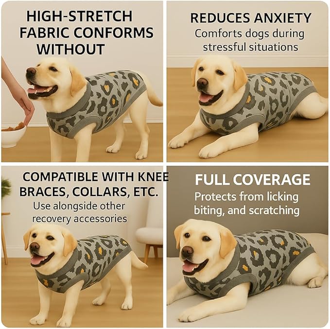 PetWarm Dog Onesie for Surgery Male, After Surgery Onesie for Male Female Dogs, Prevents Licking, Cotton Protect Abdominal, Dog Cone E-Collar Alternative, Leopard Pattern, Green Grey, L