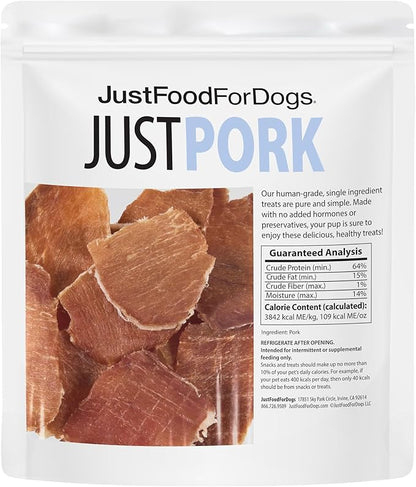 JustFoodForDogs Ingredient Healthy Dog Treats and Dog Snacks,Jerky Treats,Human Grade,Preservative and Grain Free,Rawhide Free Chews,Low Calorie Treat - Pork,5 oz,(Pack of 2)