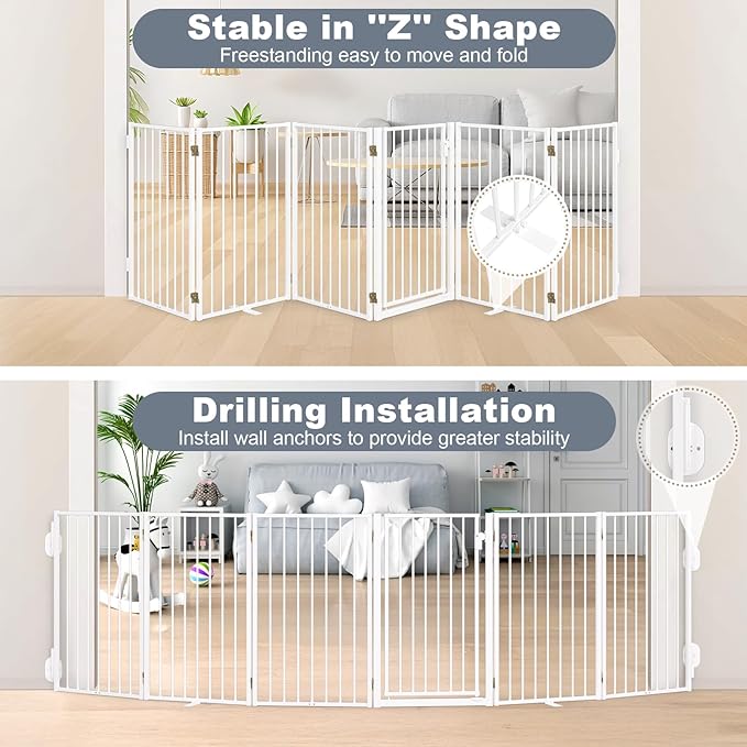 Metal Freestanding Dog Gates with Door for Outdoor Indoor,120'' Extra Wide 32'' Tall Free Standing Dog Gate for Doorways,Large Openings,Deck,Yard,Porch,Foldable Pet Fence(White,6 Panels)