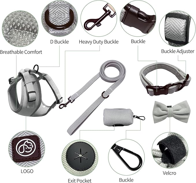 EVERKING 5-Piece Dog Travel Set, Adjustable Harness, Leash, Collar, Poop Bags, Bowtie for Small Medium Dogs, Beige, Breathable No-Pull Design (Slate Gray, L)