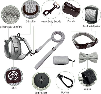 EVERKING 5-Piece Dog Travel Set, Adjustable Harness, Leash, Collar, Poop Bags, Bowtie for Small Medium Dogs, Beige, Breathable No-Pull Design (Slate Gray, XXS)