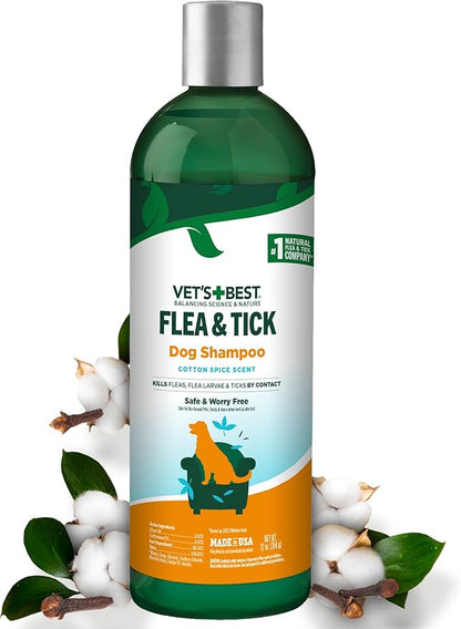 Vet's Best Natural Flea & Tick Dog Shampoo – Plant-Based Formula with Cotton Spice Scent – Natural Dog Shampoo with Essential Oils for Flea and Tick Support – Made in USA – 12 oz Bottle