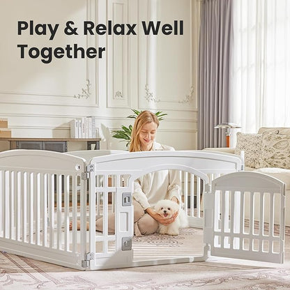 Sweetcrispy Plastic Dog Playpen, 6 Panels 24" Expandable & Durable Pet Fence for Medium Dogs - Indoor & Outdoor Portable Puppy Playpen with Secure Locking Door, White