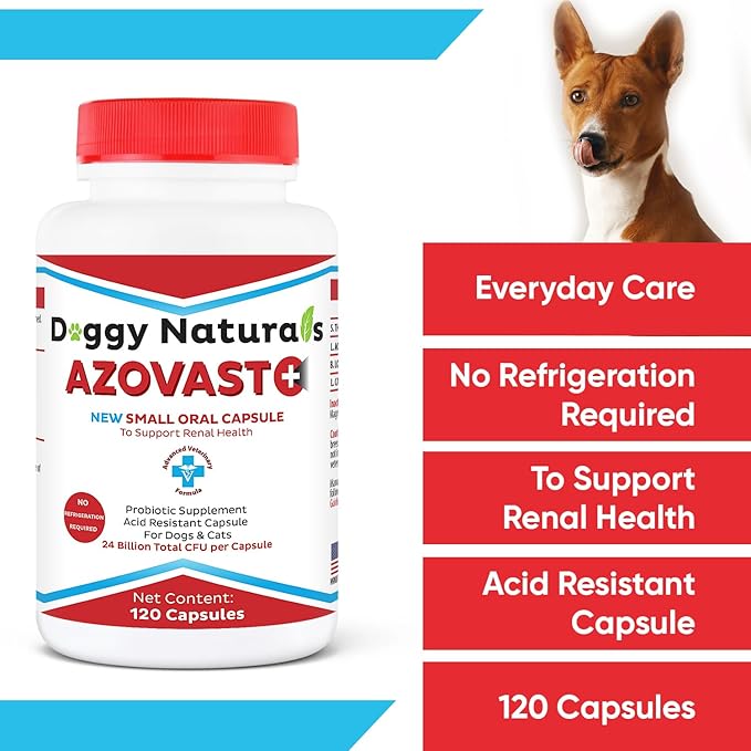 Azovast Plus Kidney Probiotic Supplement for Dogs Cats -24 Billion CFU- NO Refrigeration Required, Help Support Kidney Function, CKD, Manage Renal Toxins, Renal Kidney Support for Pet(U.S.A)(120 Caps)