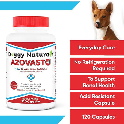 Azovast Plus Kidney Probiotic Supplement for Dogs Cats -24 Billion CFU- NO Refrigeration Required, Help Support Kidney Function, CKD, Manage Renal Toxins, Renal Kidney Support for Pet(U.S.A)(120 Caps)