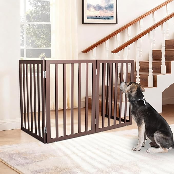 ZJSF Freestanding Indoor Dog Gate for House Foldable Wood Brown Puppy Gate for Doorways Pet Gate for Stairs Extra Wide Pet Fence 24" Height 6 Panels