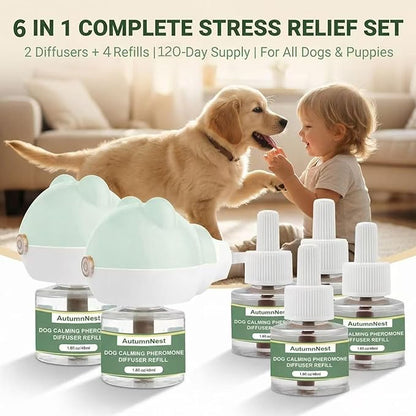 Dog Pheromone Diffuser Kit, Pet Diffuser for Stress Support, Reduces Stress and Promotes Relaxed Behavior, 2 Plug-in + 4 Packs Refill, 120 Day Supply (Non-Toxic, Safe & Inedible), Diffuser with Light