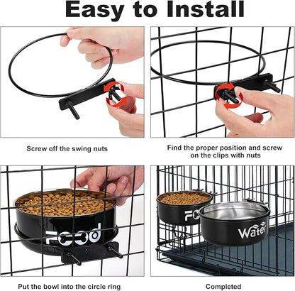 Crate Water Bowl No Spill for Large Dogs, Removable Stainless Steel Dog Bowls for Food and Water, Dog Kennel Hanging Wet and Dry Food Feeder for Medium/Large Pets, (7.1"x2.6" & 6.3"*2.6", Black)