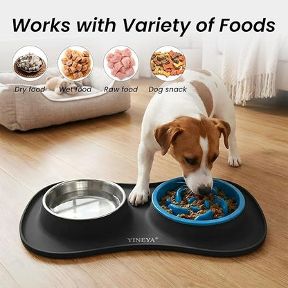 YINEYA Slow Feeder Dog Bowls Stainless Steel Food and Water Bowl Set 3 in 1 No Spill Waterproof Silicone Pet Food Mat Puppy Feeding Station for Large Medium Small Breed Non Slip Metal Dish Tray