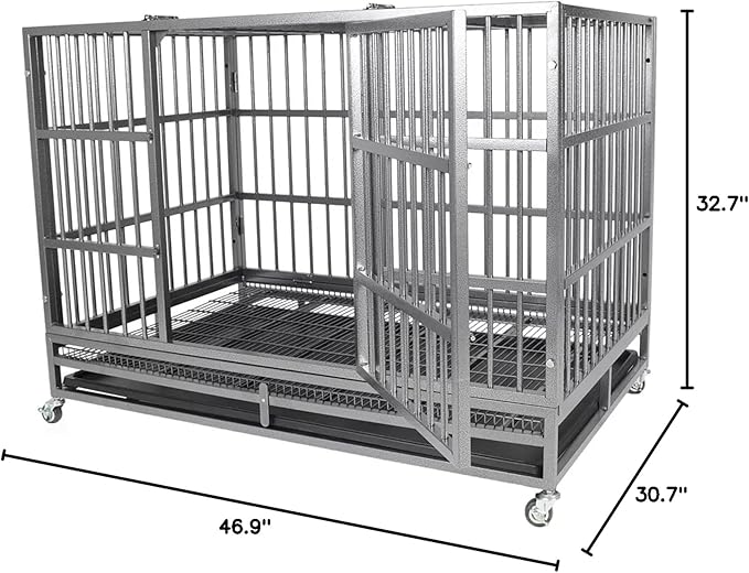 Indestructible Dog Crate Cage Kennel, 47 inches, High Anxiety Dog Crate with Removable Trays, Wheels and Double Door, for Medium and Large Dogs