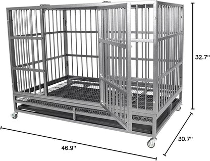 Indestructible Dog Crate Cage Kennel, 47 inches, High Anxiety Dog Crate with Removable Trays, Wheels and Double Door, for Medium and Large Dogs