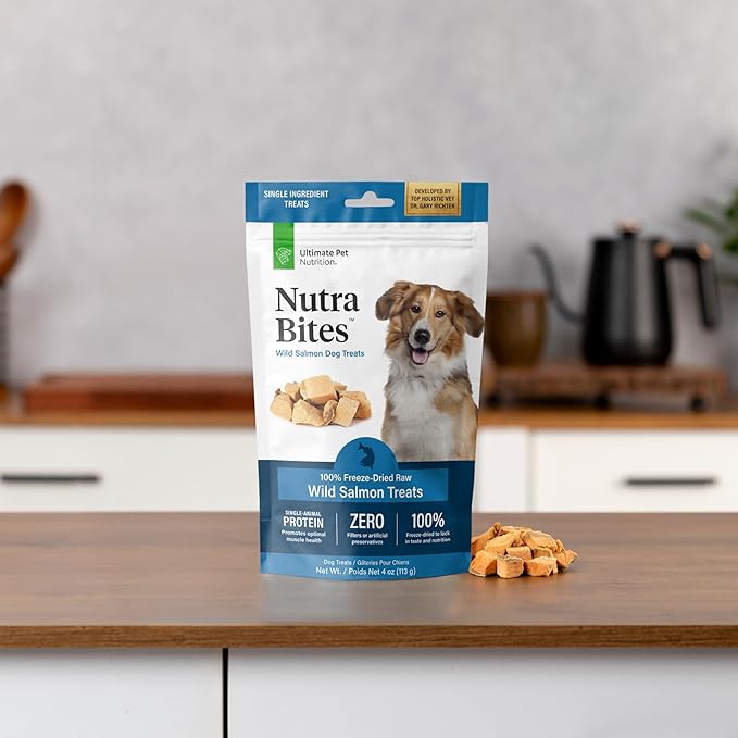 ULTIMATE PET NUTRITION Nutra Bites Freeze Dried Raw Single Ingredient Training Treats Food Topper for Dogs, 4 Ounces, Salmon