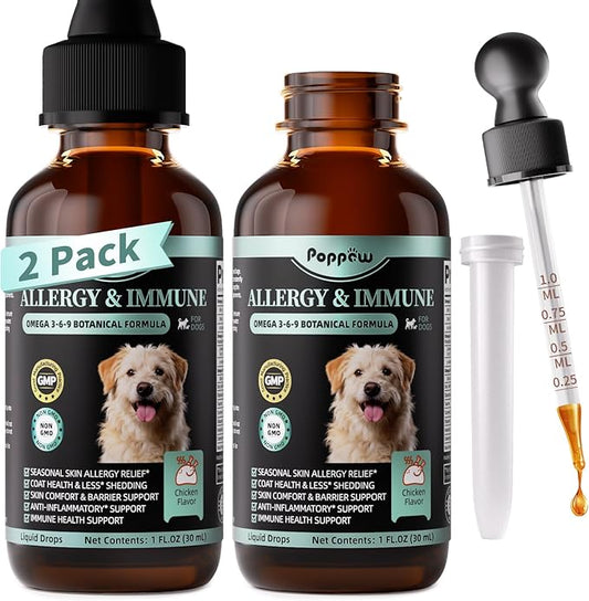 Allergy & Immune Supplement for Dogs - Omega 3-6-9 Liquid Drops for Seasonal Allergy Support, Skin Itch Relief, Less Shedding, Coat Health - with Biotin, Turmeric - Chicken Flavor - 2 FL.OZ
