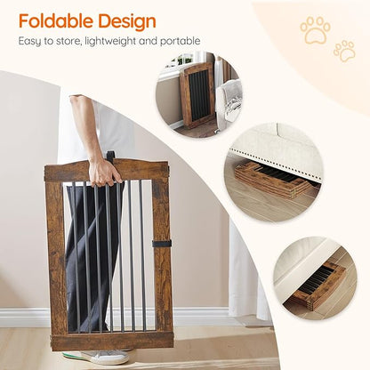 HOOBRO Indoor Dog Gate with Support Feet, 31.5 Inch 4 Panels, Freestanding Pet Gate for Doorway, Stairs, Folding Dog Fence, 360° Hinge for Easy Access, Sturdy Iron Pipe, Rustic Brown BF64PP03