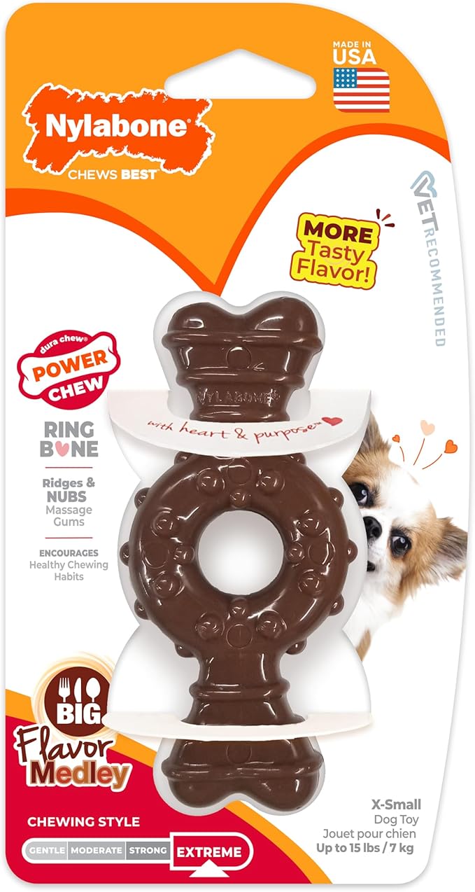 Nylabone Ring Bone Power Chew Toy for Dogs, Durable Dog Toys for Aggressive Chewers, Dog Chew Bone, Long Lasting Flavor Medley Flavor, For X-Small Dogs - Up to 15 lbs, 1 Count
