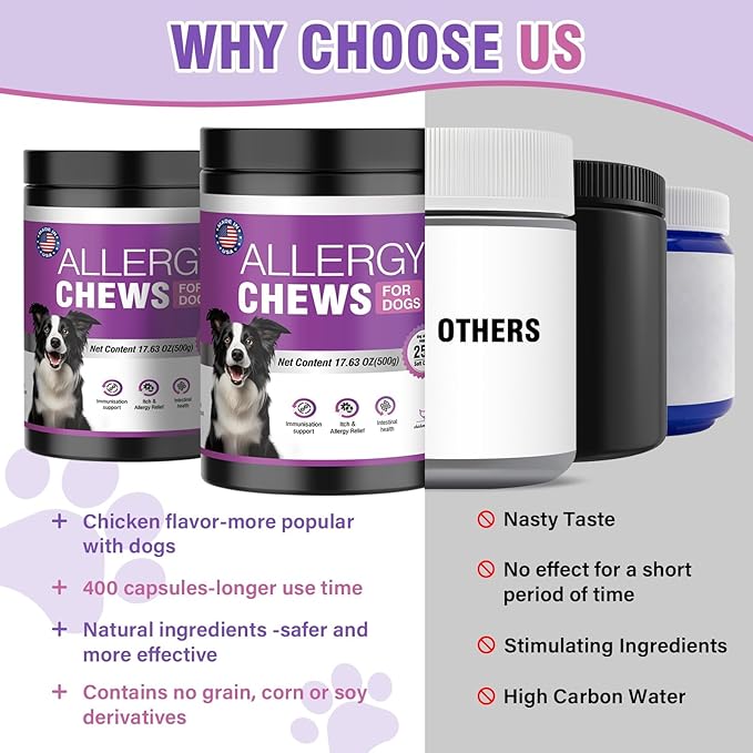 Dog Allergy Chews 500PCs,Dog Allergy and Itching Skin Relief Anti Itch Aller Immune Bites for Dogs Itching Licking Paws Treatment Relief Itchy Aller Probiotics Vitamins for Skin and Coat Allergies