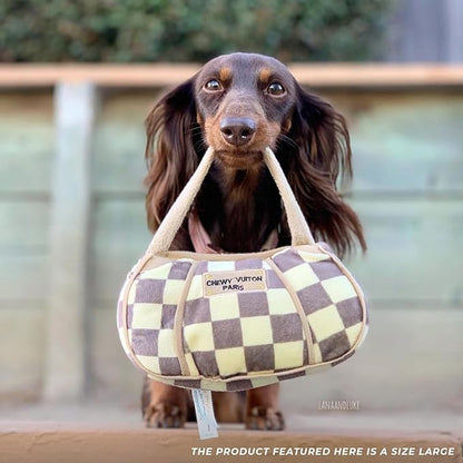 Haute Diggity Dog Chewy Vuiton Handbag Plush Squeaky Dog Toy, Soft Durable Designer-Inspired Stuffed Puppy Chew Toys for Small & Medium Dogs, Machine-Washable (Tan Checker) Large