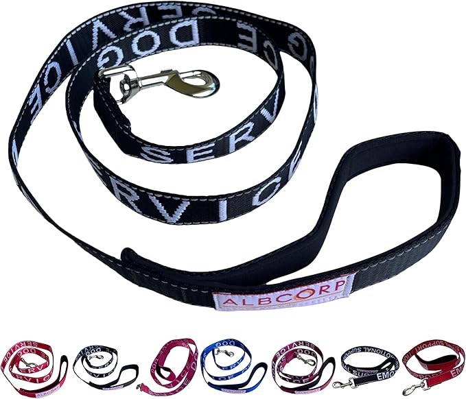 Albcorp Service Dog Leash - Embroidered- with Padded Neoprene Handle and Reflective threads, 4 Feet, for Harnesses, Vests or Collars, Black