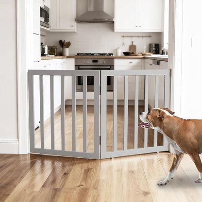ZJSF Freestanding Indoor Dog Gate for House Foldable Wood Grey Puppy Gate for Doorways Pet Gate for Stairs Extra Wide Pet Fence 24" Height 2 Panels